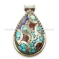 Ethnic Nepal Tibetan Pendant with Turquoise, Lapis, Coral Inlays- OOAK Ethnic Mosaic Inlay Pendant- TibetanBeadStore Jewelry- WM5846