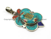 Tibetan Kalachakra Pendant with Brass, Turquoise, Coral, Lapis Inlays- Floral Kalachakra Charm Pendant- Ethnic Nepal Yoga Pendant- WM5933