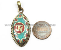 Nepal Tibetan OM Mantra Pendant with Brass, Turquoise, Coral Inlays Om Pendant Nepalese Pendant Tibetan Pendant Tibet Pendant - WM5918