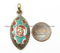 Nepal Tibetan OM Mantra Pendant with Brass, Turquoise, Coral Inlays Om Pendant Nepalese Pendant Tibetan Pendant Tibet Pendant - WM5917