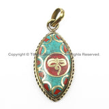 Nepal Tibetan Buddha Wisdom Eyes Pendant with Brass, Turquoise, Coral Inlay Nepal Pendant Tibetan Pendant Tibet Pendant - WM5919