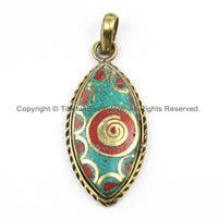 Ethnic Nepal Tibetan Pendant with Brass Spiral, Turquoise, Coral Inlay Pendant Nepal Pendant Tibetan Pendant TibetanBeadStore- WM5920