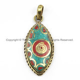 Ethnic Nepal Tibetan Pendant with Brass Spiral, Turquoise, Coral Inlay Pendant Nepal Pendant Tibetan Pendant TibetanBeadStore- WM5920