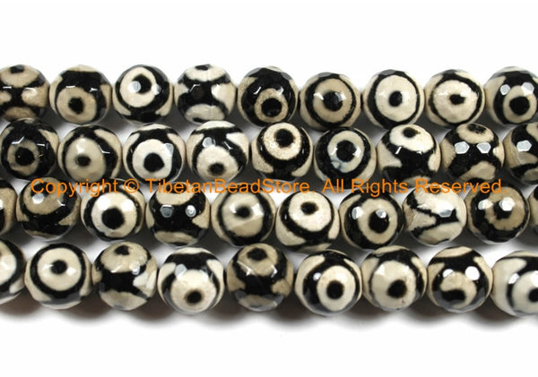 4 BEADS Faceted Black & White Agate Beads - Etched Black White Stone Beads - Faceted Beads - B2929-4