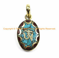 Tibetan OM Mantra Oval Charm Pendant with Brass, Turquoise & Coral Inlays - Nepalese Tibetan Pendants- TibetanBeadStore Jewelry- WM6130