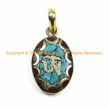Tibetan OM Mantra Oval Charm Pendant with Brass, Turquoise & Coral Inlays - Nepalese Tibetan Pendants- TibetanBeadStore Jewelry- WM6130