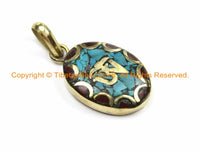 Tibetan OM Mantra Oval Charm Pendant with Brass, Turquoise & Coral Inlays - Nepalese Tibetan Pendants- TibetanBeadStore Jewelry- WM6130