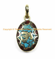 1 PENDANT Tibetan Sanskrit OM Mantra Charm Pendant with Brass, Turquoise & Coral Inlays- Nepal Tibetan Pendants Tibetan Jewelry WM6129-1