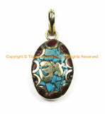 1 PENDANT Tibetan Sanskrit OM Mantra Charm Pendant with Brass, Turquoise & Coral Inlays- Nepal Tibetan Pendants Tibetan Jewelry WM6129-1