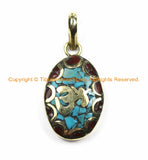 2 PENDANTS Tibetan Sanskrit OM Mantra Charm Pendants with Brass, Turquoise & Coral Inlays- Nepal Tibetan Pendants Tibetan Jewelry WM6129-2