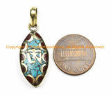 1 PENDANT Tibetan OM Mantra Charm Pendant with Brass, Turquoise & Coral Inlays - Nepalese Tibetan Pendants Tibetan Jewelry- WM6131-1