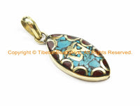 2 PENDANTS Tibetan OM Mantra Charm Pendants with Brass, Turquoise & Coral Inlays - Nepalese Tibetan Pendants Tibetan Jewelry- WM6131-2