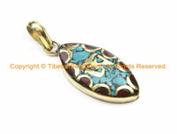 1 PENDANT Tibetan OM Mantra Charm Pendant with Brass, Turquoise & Coral Inlays - Nepalese Tibetan Pendants Tibetan Jewelry- WM6131-1