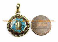 2 PENDANTS Tibetan Kalachakra Mantra Pendants with Brass, Turquoise & Coral Inlays - Amulet Charms- Nepalese Tibetan Pendants- WM6128-2