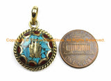 Tibetan Kalachakra Mantra Pendant with Brass, Turquoise & Coral Inlays - Amulet Charms- Nepalese Tibetan Pendants- 1 PENDANT- WM6128-1