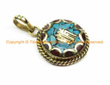 Tibetan Kalachakra Mantra Pendant with Brass, Turquoise & Coral Inlays - Amulet Charms- Nepalese Tibetan Pendants- 1 PENDANT- WM6128-1