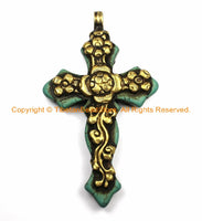 OOAK LARGE Tibetan Reversible Turquoise Cross Pendant with Repousse Brass Bail, Lotus Flower & Floral Details by TibetanBeadStore- WM6152