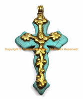 LARGE Tibetan Reversible Turquoise Cross Pendant with Repousse Brass Bail, Lotus Flower & Floral Details by TibetanBeadStore- WM6155