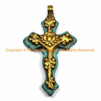 LARGE Tibetan Reversible Turquoise Cross Pendant with Repousse Brass Bail, Lotus Flower & Floral Details by TibetanBeadStore- WM6155