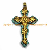 LARGE Tibetan Reversible Turquoise Cross Pendant with Repousse Brass Bail, Lotus Flower & Floral Details by TibetanBeadStore- WM6155