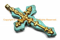 LARGE Tibetan Reversible Turquoise Cross Pendant with Repousse Brass Bail, Snake Serpent & Floral Details by TibetanBeadStore- WM6158