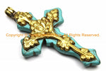 LARGE Tibetan Reversible Turquoise Cross Pendant with Repousse Brass Bail, Lotus Flower & Floral Details by TibetanBeadStore- WM6156