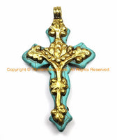 LARGE Tibetan Reversible Turquoise Cross Pendant with Repousse Brass Bail, Lotus Flower & Floral Details by TibetanBeadStore- WM6156