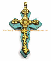 LARGE Tibetan Reversible Turquoise Cross Pendant with Repousse Brass Bail, Lotus Flower & Floral Details by TibetanBeadStore- WM6154