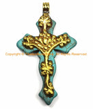 LARGE Tibetan Reversible Turquoise Cross Pendant with Repousse Brass Bail, Lotus Flower & Floral Details by TibetanBeadStore- WM6154