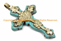 LARGE Tibetan Reversible Turquoise Cross Pendant with Repousse Tibetan Silver Bail, Lotus Flower & Floral Details - WM6161