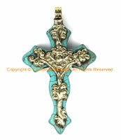 LARGE Tibetan Reversible Turquoise Cross Pendant with Repousse Tibetan Silver Bail, Lotus Flower & Floral Details - WM6161