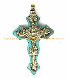 LARGE Tibetan Reversible Turquoise Cross Pendant with Repousse Tibetan Silver Bail, Lotus Flower & Floral Details - WM6161