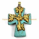 Tibetan Reversible Turquoise Cross Pendant with Repousse Brass Bail, Snake Serpent & Floral Details- Jewelry by TibetanBeadStore- WM6165