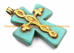 Tibetan Reversible Turquoise Cross Pendant with Repousse Brass Bail, Floral Vine Details- Handmade Jewelry by TibetanBeadStore- WM6166