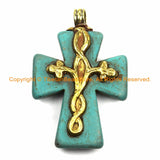 Tibetan Reversible Turquoise Cross Pendant with Repousse Brass Bail, Floral Vine Details- Handmade Jewelry by TibetanBeadStore- WM6166