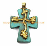 Tibetan Reversible Turquoise Cross Pendant with Repousse Brass Bail, Floral Vine Details- Handmade Jewelry by TibetanBeadStore- WM6166