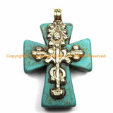 Tibetan Reversible Turquoise Cross Pendant with Repousse Tibetan Silver Bail, Phoenix Bird & Lotus Floral Details by TibetanBeadStore WM6171