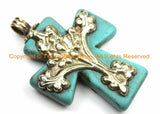 Tibetan Reversible Turquoise Cross Pendant with Repousse Tibetan Silver Bail, Lotus Flower, Floral Details by TibetanBeadStore WM6173