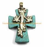 Tibetan Reversible Turquoise Cross Pendant with Repousse Tibetan Silver Bail, Snake & Lotus Floral Details by TibetanBeadStore WM6172
