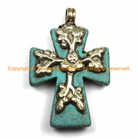 Tibetan Reversible Turquoise Cross Pendant with Repousse Tibetan Silver Bail, Snake & Lotus Floral Details by TibetanBeadStore WM6172