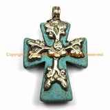 Tibetan Reversible Turquoise Cross Pendant with Repousse Tibetan Silver Bail, Snake & Lotus Floral Details by TibetanBeadStore WM6172