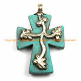 Tibetan Reversible Turquoise Cross Pendant with Repousse Tibetan Silver Bail, Floral & Twisted Vine Details by TibetanBeadStore- WM6170