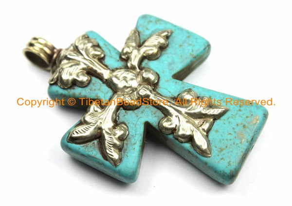 Tibetan Reversible Turquoise Cross Pendant with Repousse Tibetan Silver Bail, Lotus Flower, Floral Vine Details by TibetanBeadStore WM6169