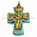 Tibetan Reversible Turquoise Cross Pendant with Repousse Brass Bail, Lotus Flower & Floral Details- Jewelry by TibetanBeadStore- WM6164