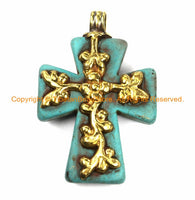 Tibetan Reversible Turquoise Cross Pendant with Repousse Brass Bail, Phoenix Bird & Lotus Floral Details Jewelry by TibetanBeadStore- WM6167