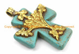Tibetan Reversible Turquoise Cross Pendant with Repousse Brass Bail, Lotus Flower & Floral Details- Jewelry by TibetanBeadStore- WM6163