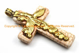 Tibetan Reversible Howlite Turquoise Cross Pendant with Repousse Brass Bail, Phoenix Bird & Lotus Floral Details by TibetanBeadStore- WM6132