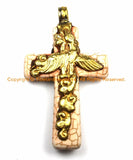 Tibetan Reversible Howlite Turquoise Cross Pendant with Repousse Brass Bail, Phoenix Bird & Lotus Floral Details by TibetanBeadStore- WM6132