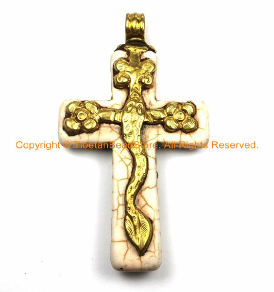 Tibetan Reversible Howlite Turquoise Cross Pendant with Repousse Brass Bail, Snake Serpent & Floral Details by TibetanBeadStore- WM6133