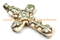 Tibetan Reversible Howlite Turquoise Cross Pendant with Tibetan Silver Bail, Repousse Hand Carved Lotus Flower & Floral Details- WM6138